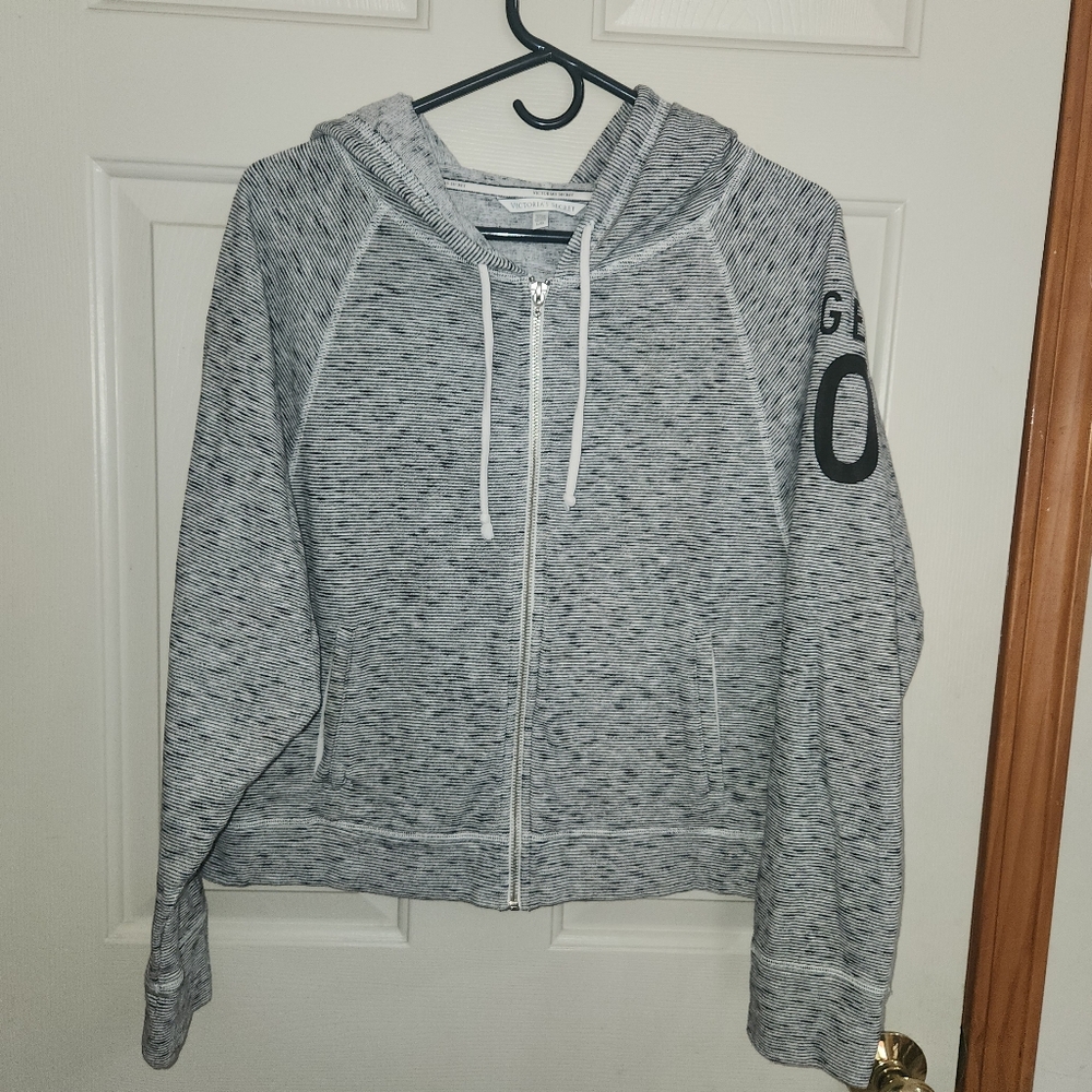 Victorias Secret Angel 10 Hoodie Zip Up Striped Gray Womens Large Sweatshirt